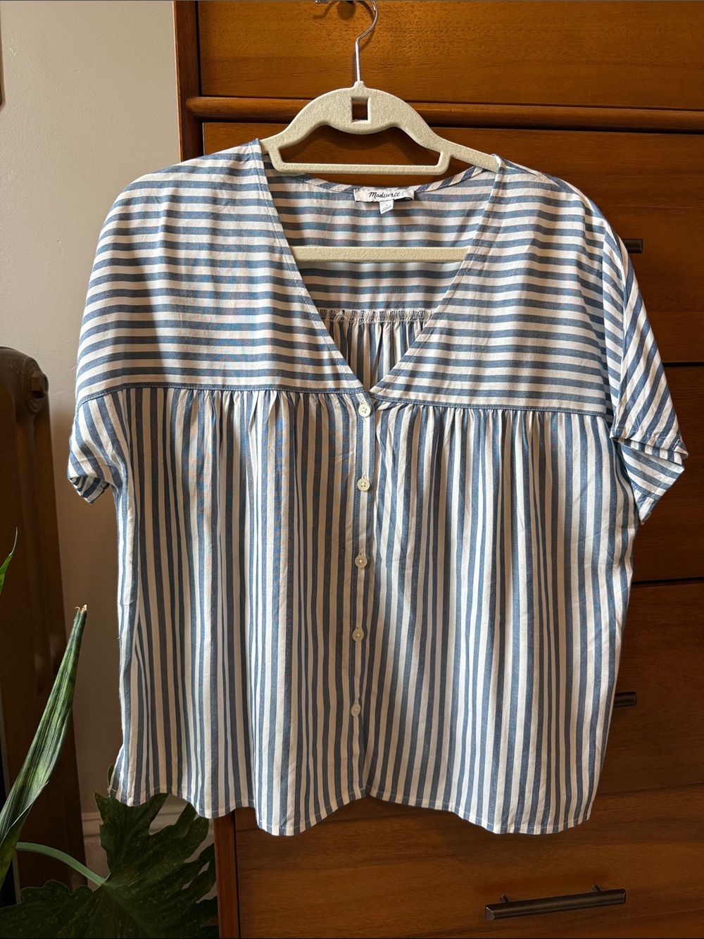 Madewell Rhyme Button Front Striped V-Neck S/S Blouson Top sz S